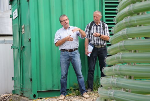 Dr. Martin Ecke steht neben Photbioreaktor für die Kultivierung von Mikroalgen.